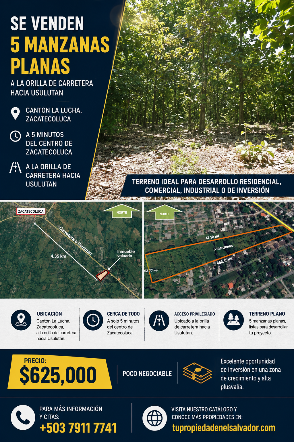 5 Manzanas Planas en Venta en Zacatecoluca – A Orilla de Carretera hacia Usulután