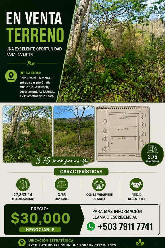 Terreno en Venta – 3.75 Manzanas en Chiltiupán, La Libertad