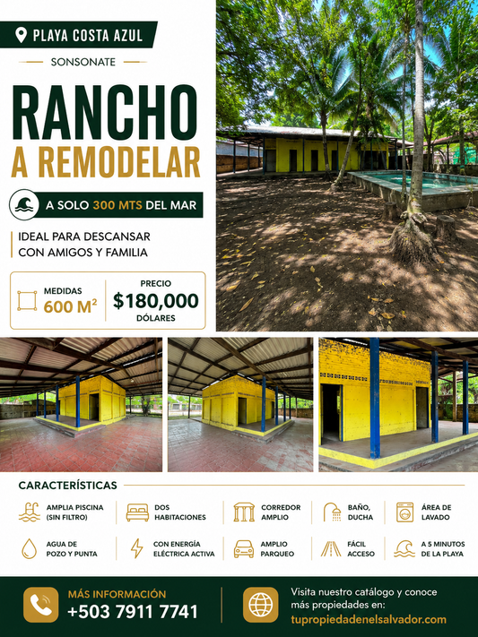 Rancho a Remodelar en Venta a Solo 300 Metros del Mar | Playa Costa Azul, Sonsonate