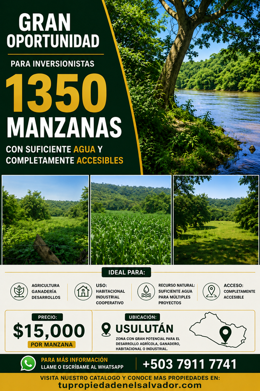 1350 Manzanas en Venta en Usulután – Tierra con Agua y Alto Potencial de Desarrollo