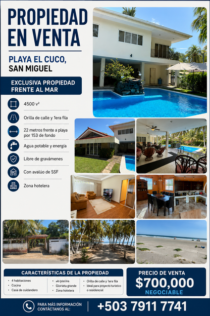 Propiedad Frente al Mar en Venta | Playa El Cuco, San Miguel