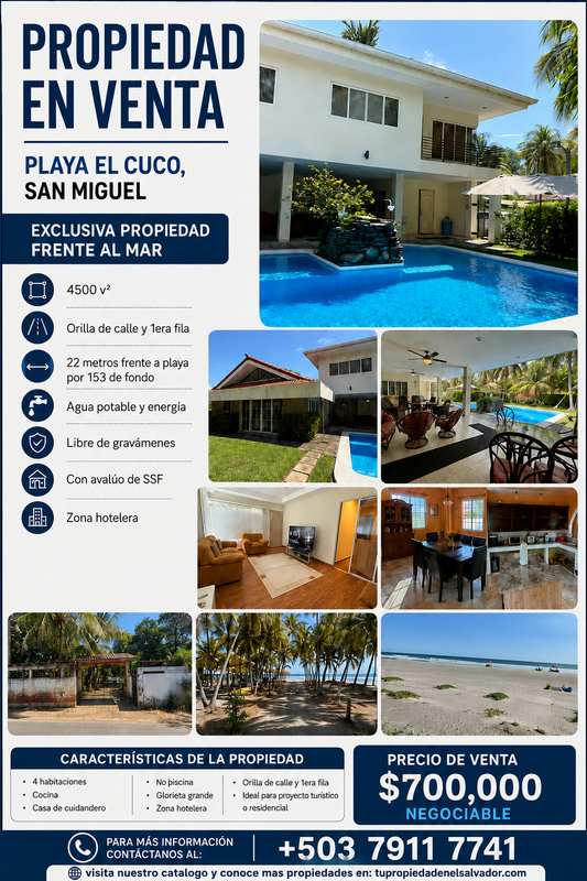 Propiedad Frente al Mar en Venta | Playa El Cuco, San Miguel