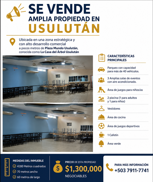 SE VENDE AMPLIA PROPIEDAD COMERCIAL EN USULUTÁN
