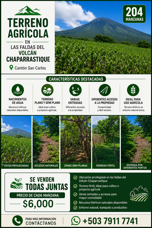 204 Manzanas Agrícolas en las Faldas del Volcán Chaparrastique | Con Nacimientos de Agua