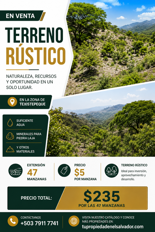 Terreno Rústico de 47 Manzanas en Venta | Zona de Texistepeque | Agua y Minerales para Piedra Laja