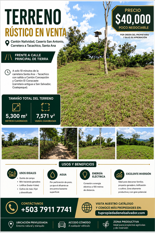SE VENDE TERRENO RÚSTICO DE 5,300 m² EN CANTÓN NATIVIDAD, SANTA ANA