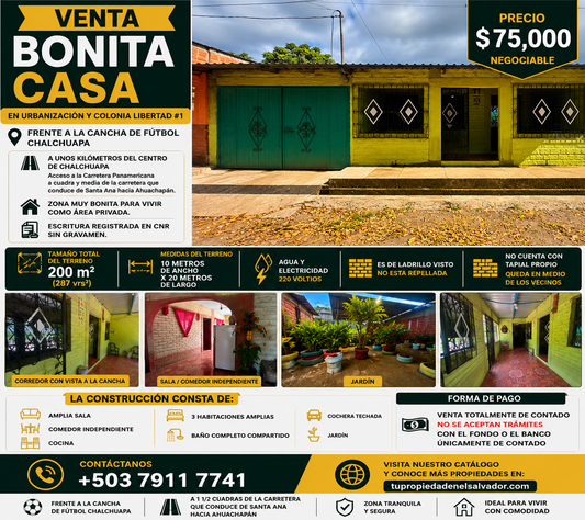 Casa en Venta en Urbanización y Colonia Libertad #1, Chalchuapa | Excelente Ubicación y Precio Negociable
