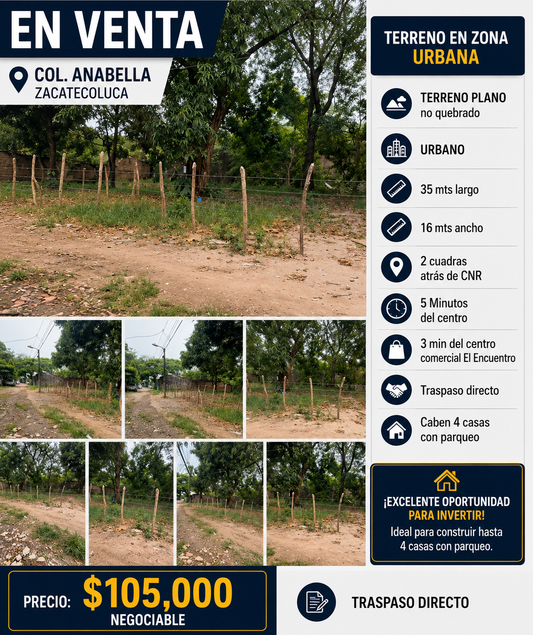 Casa con amplio terreno urbano en venta en Col. Anabella, Zacatecoluca