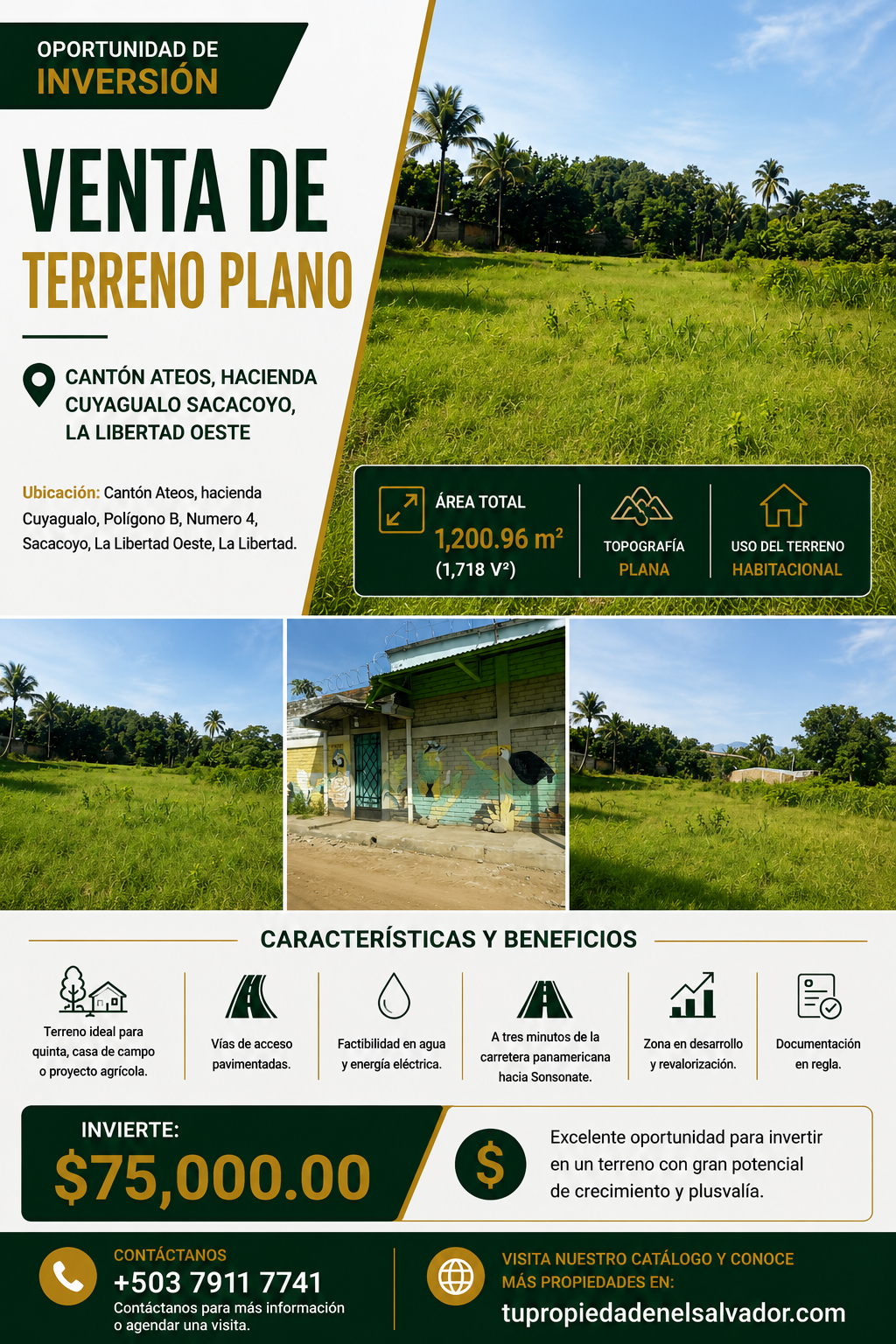 Terreno Plano en Venta en Cantón Ateos, Sacacoyo – 1,200.96 m² con Excelente Ubicación