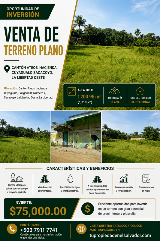 Terreno Plano en Venta en Cantón Ateos, Sacacoyo – 1,200.96 m² con Excelente Ubicación