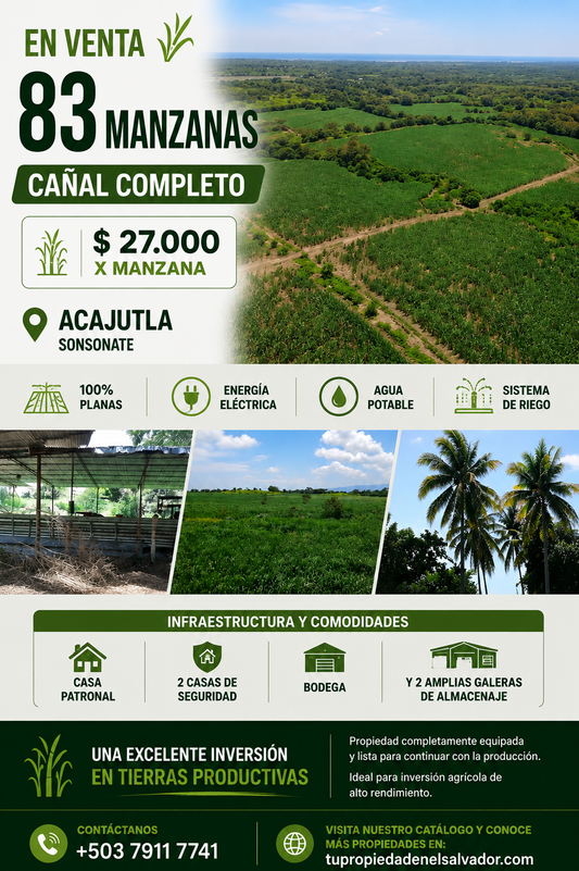 83 Manzanas de Terreno Productivo con Cañal Completo en Acajutla, Sonsonate