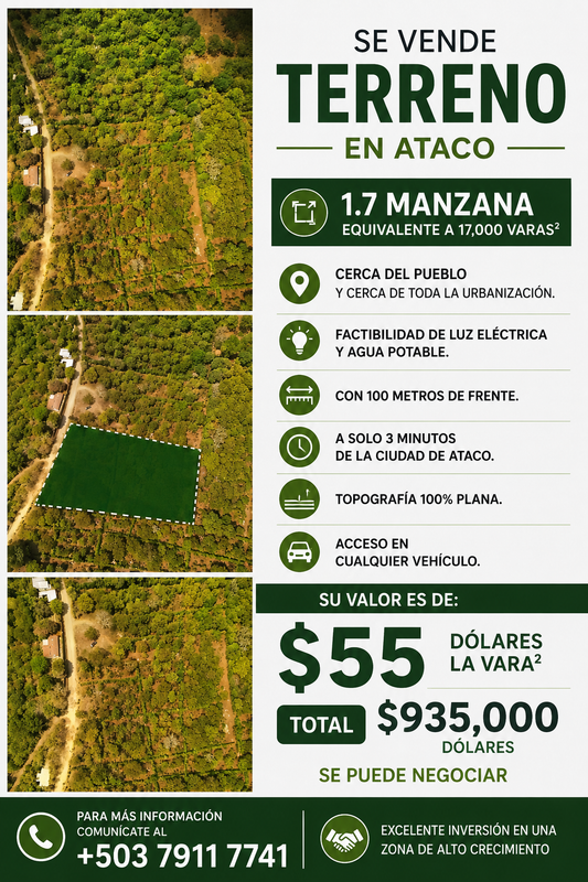 Terreno de Oportunidad en Ataco | 1.7 Manzanas con Excelente Ubicación