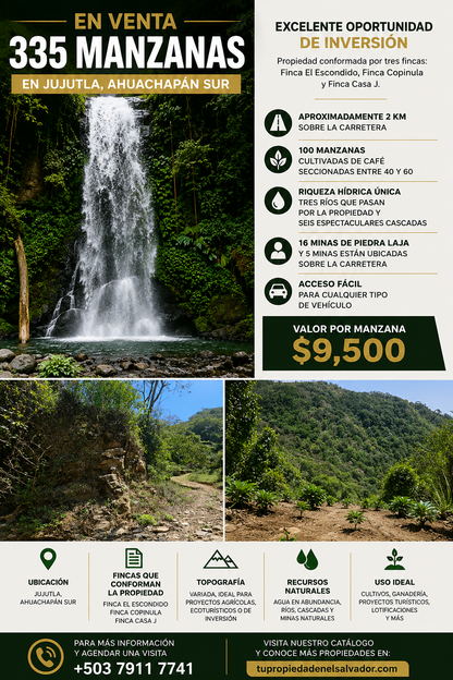 Extraordinaria Oportunidad de Inversión: 335 Manzanas con Ríos, Cascadas y Producción de Café en Jujutla, Ahuachapán Sur