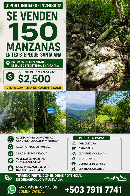 ¡Oportunidad Única de Inversión en Texistepeque, Santa Ana! 150 Manzanas con Agua, Acceso Pavimentado y Gran Potencial