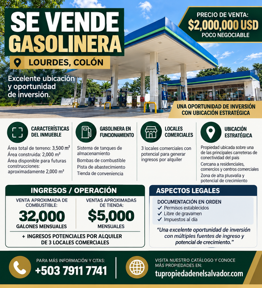 Gasolinera en Venta en Lourdes, Colón – Negocio en Funcionamiento con Ubicación Estratégica