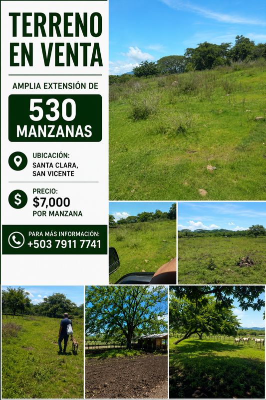 Terreno en Venta – 530 Manzanas en Santa Clara, San Vicente