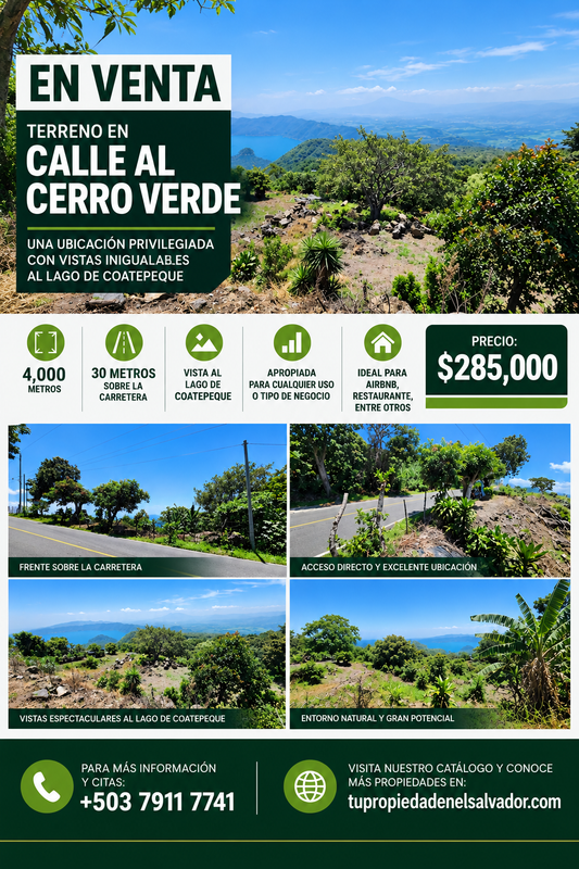 Terreno en Venta sobre Calle al Cerro Verde con Vista al Lago de Coatepeque