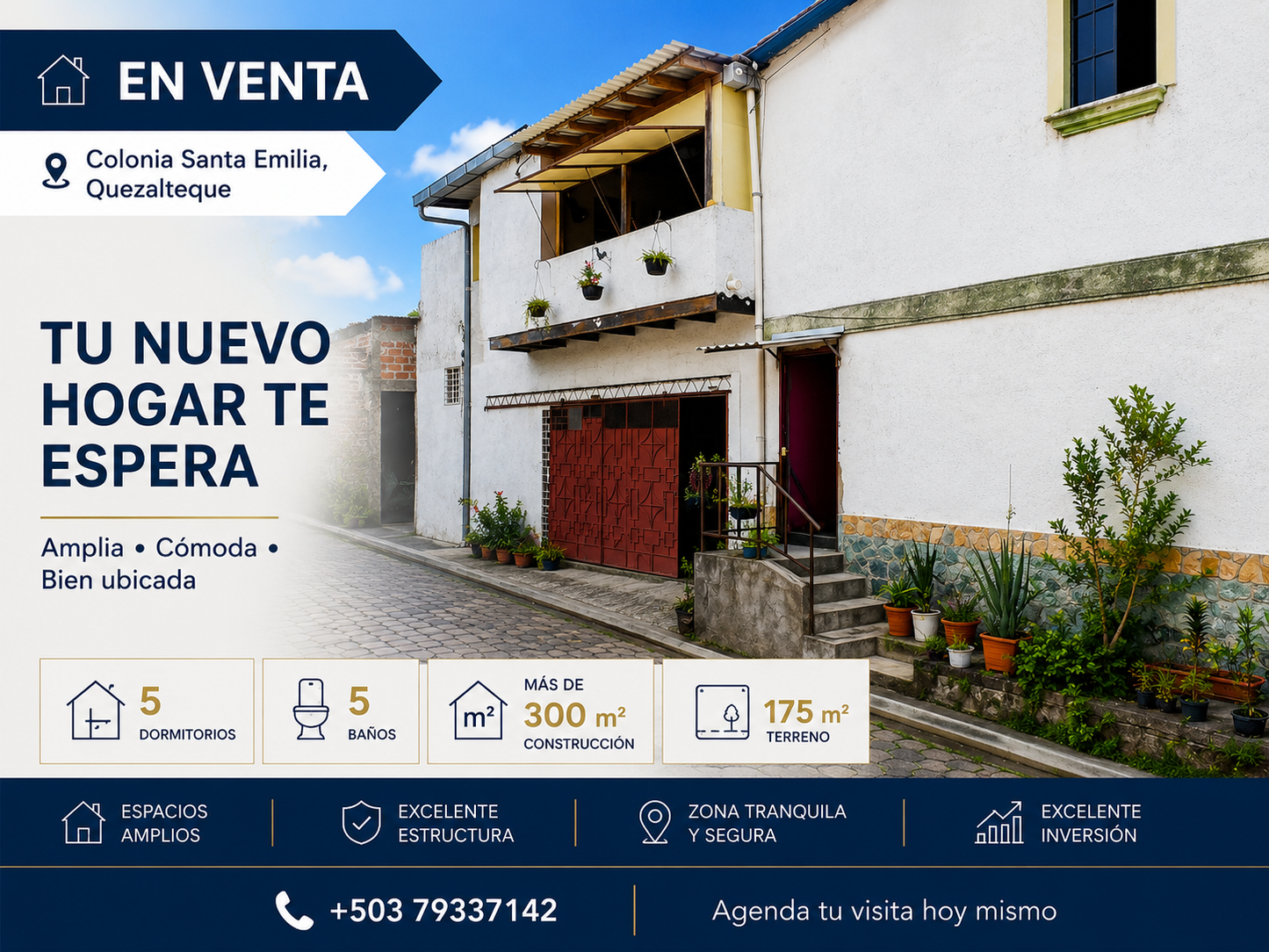 Casa amplia en venta en Colonia Santa Emilia, Quezaltepeque con 5 dormitorios, 5 baños y más de 300 m² de construcción