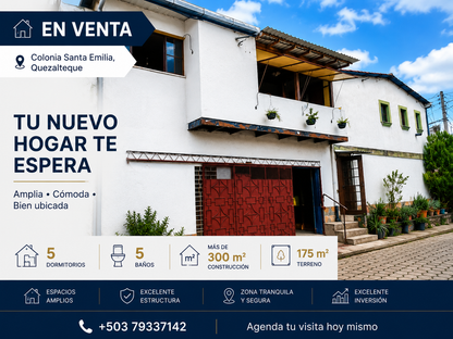 Casa amplia en venta en Colonia Santa Emilia, Quezaltepeque con 5 dormitorios, 5 baños y más de 300 m² de construcción