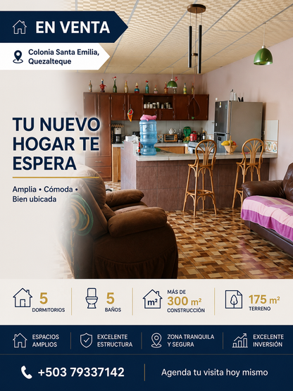 Casa amplia en venta en Colonia Santa Emilia, Quezaltepeque con 5 dormitorios, 5 baños y más de 300 m² de construcción