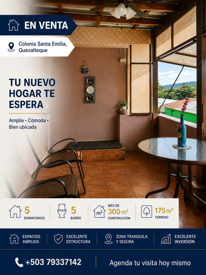 Casa amplia en venta en Colonia Santa Emilia, Quezaltepeque con 5 dormitorios, 5 baños y más de 300 m² de construcción