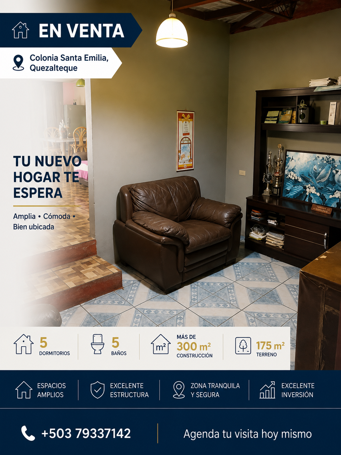 Casa amplia en venta en Colonia Santa Emilia, Quezaltepeque con 5 dormitorios, 5 baños y más de 300 m² de construcción