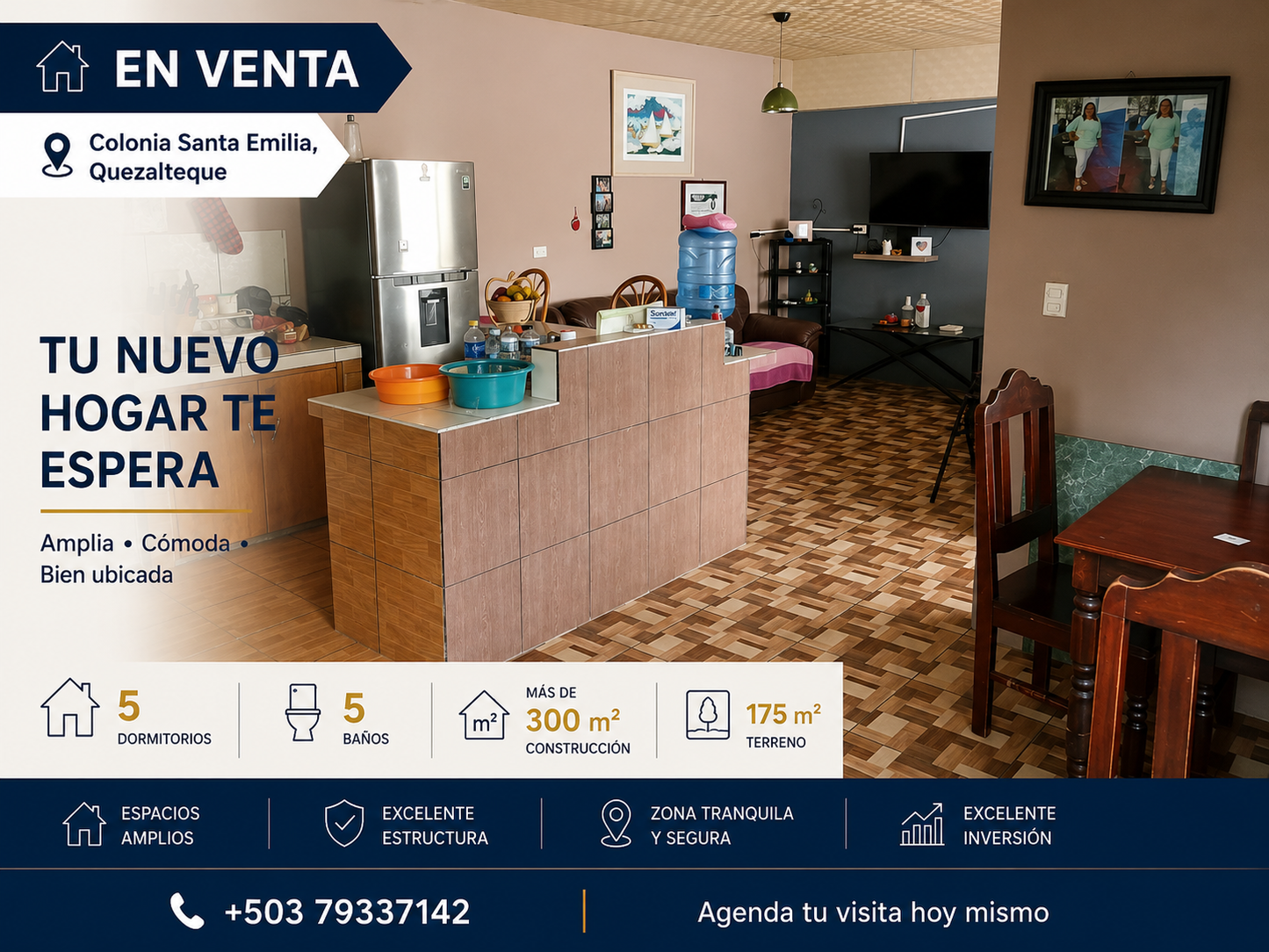 Casa amplia en venta en Colonia Santa Emilia, Quezaltepeque con 5 dormitorios, 5 baños y más de 300 m² de construcción