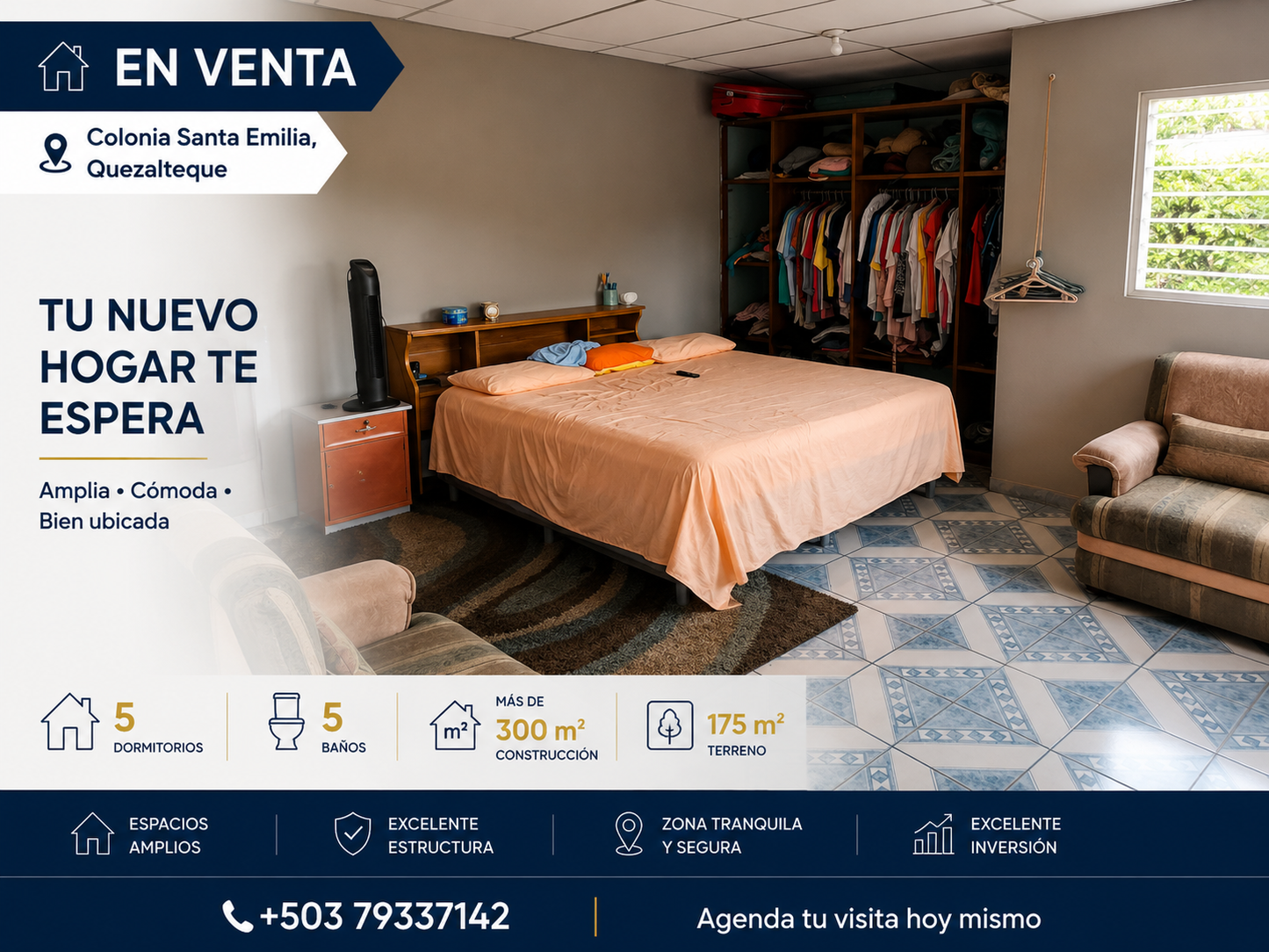 Casa amplia en venta en Colonia Santa Emilia, Quezaltepeque con 5 dormitorios, 5 baños y más de 300 m² de construcción