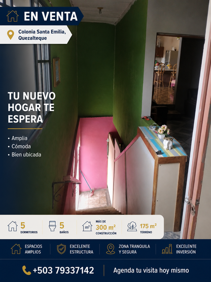 Casa amplia en venta en Colonia Santa Emilia, Quezaltepeque con 5 dormitorios, 5 baños y más de 300 m² de construcción