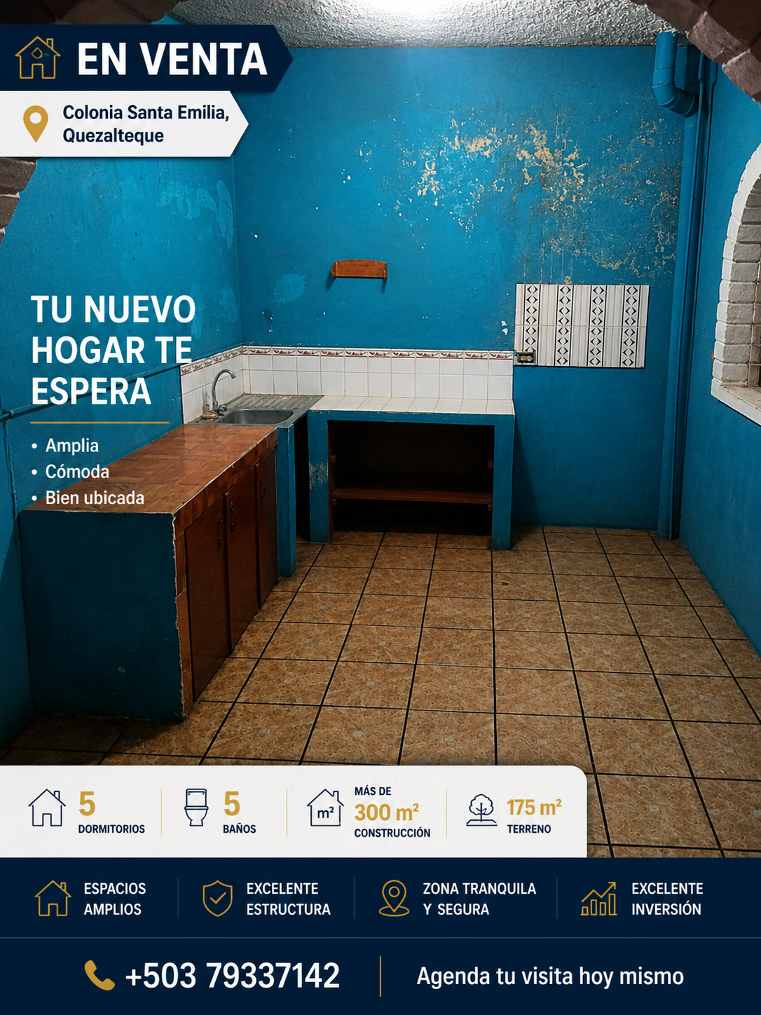 Casa amplia en venta en Colonia Santa Emilia, Quezaltepeque con 5 dormitorios, 5 baños y más de 300 m² de construcción