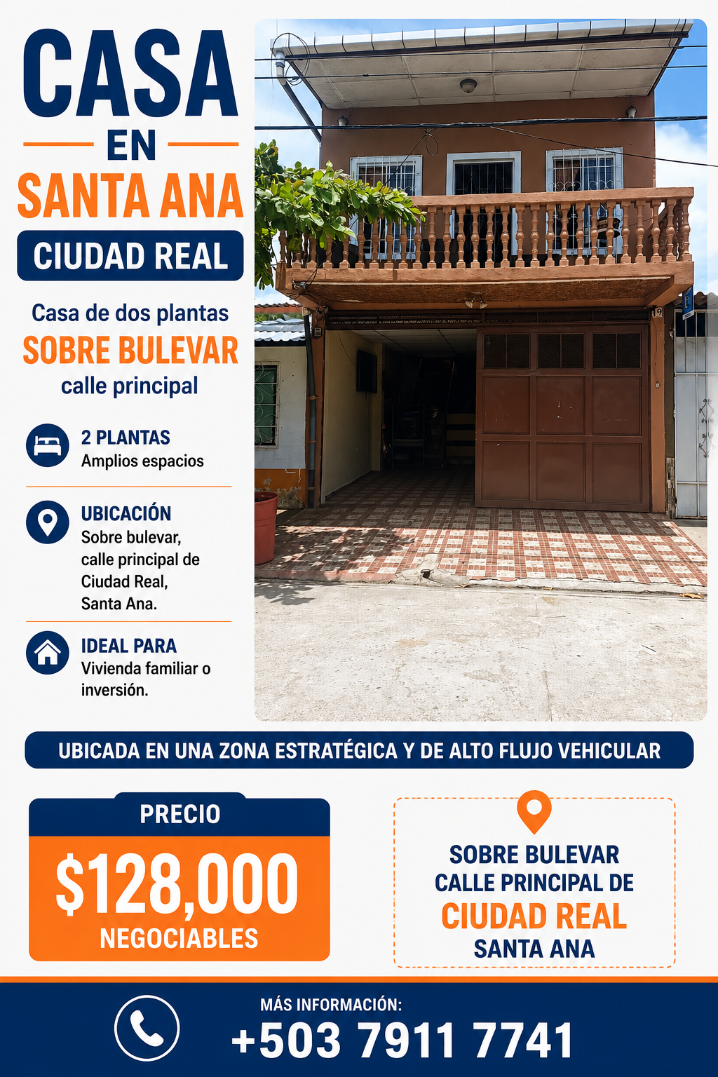 Casa de Dos Plantas Sobre Bulevar en Ciudad Real, Santa Ana – Excelente Ubicación Comercial