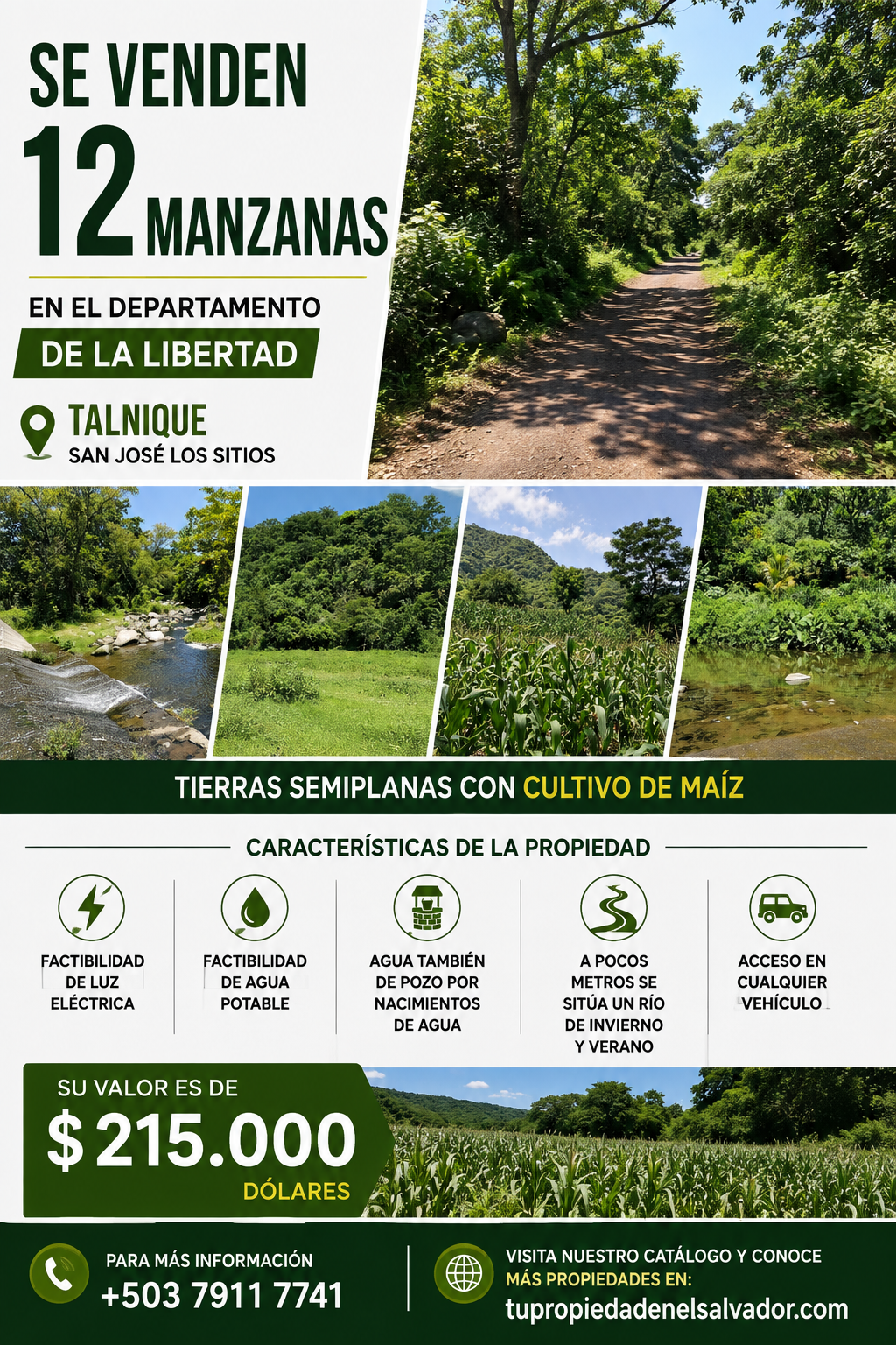 12 Manzanas en Venta en Talnique, La Libertad – Terreno con Acceso a Agua y Cultivo de Maíz