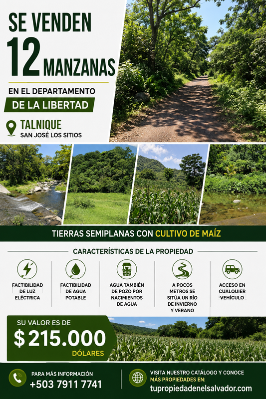 12 Manzanas en Venta en Talnique, La Libertad – Terreno con Acceso a Agua y Cultivo de Maíz