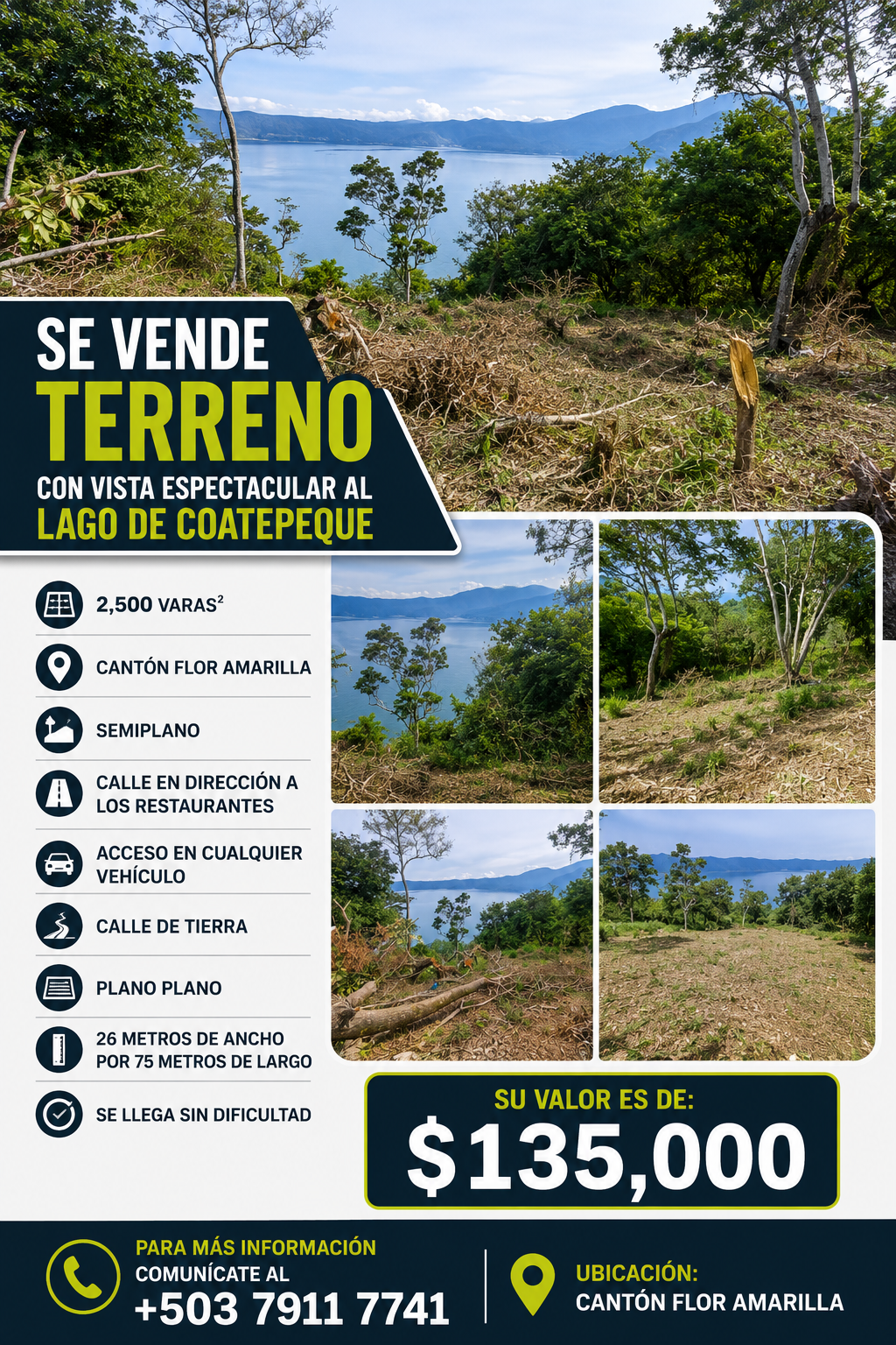 Terreno Semiplano con Espectacular Vista al Lago de Coatepeque – Cantón Flor Amarilla