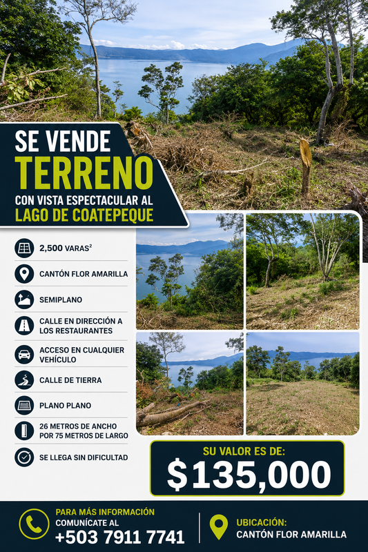Terreno Semiplano con Espectacular Vista al Lago de Coatepeque – Cantón Flor Amarilla