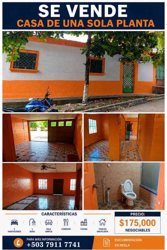 Casa de Una Sola Planta en Venta – Amplios Espacios y Excelente Oportunidad