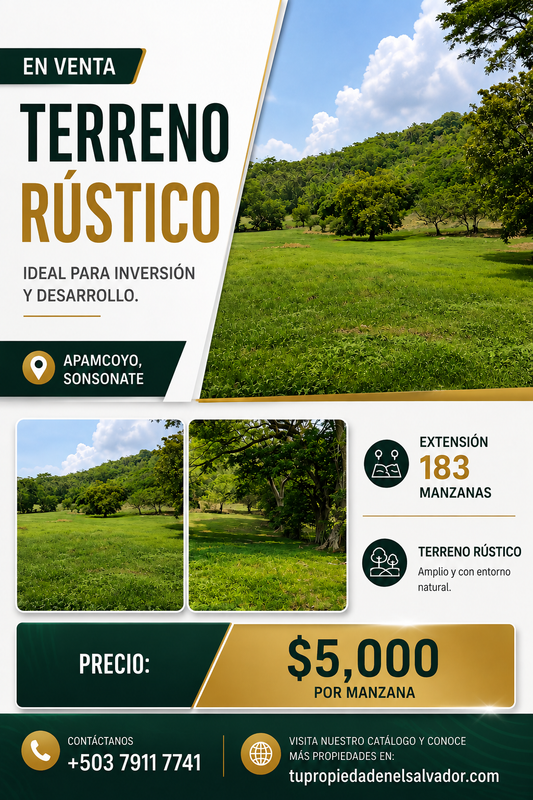 Venta de 183 Manzanas de Terreno Rústico en Apamcoyo, Sonsonate
