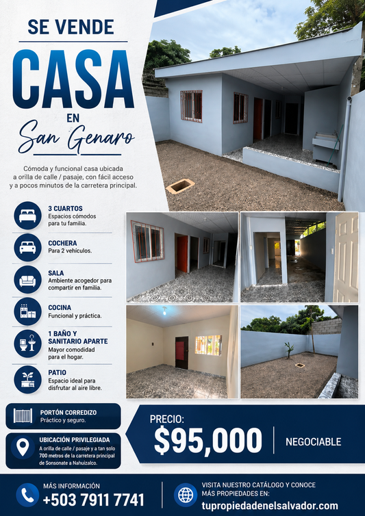 Casa en Venta en San Genaro con 3 Habitaciones y Cochera para 2 Vehículos
