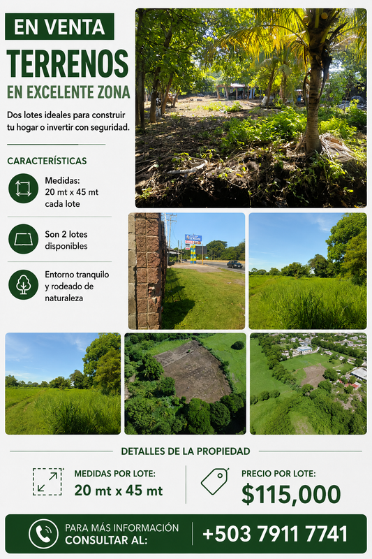 Dos Lotes en Venta de 20 x 45 m en Excelente Zona